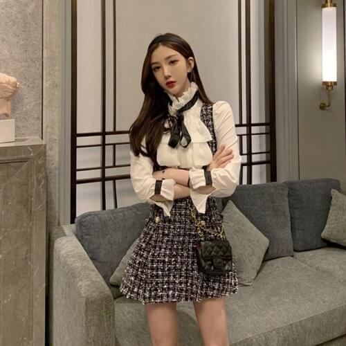 Spot Actual Price Autumn And Winter Clothing 2021 New Base Shirt + Strap Check Mini Dress Womens Two-piece Suit