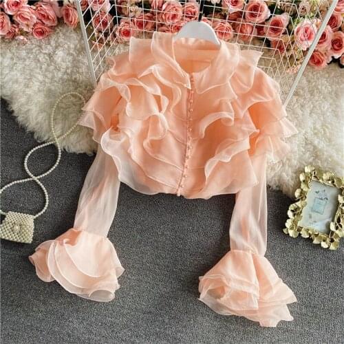 Womens Spring Autumn Runway Fashion Long Sleeve Ruffles Organza Shirt Female High Waist Casual Blouse Tees Tops TB1582