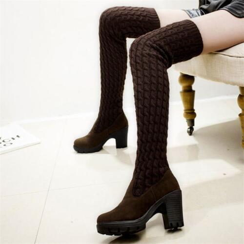 Women Over The Knee Boots Suede+Knitting Thigh Bands Ladies Block Heel Shoes Fashion Slim Round Toe Botas Elasticadas De Mujer