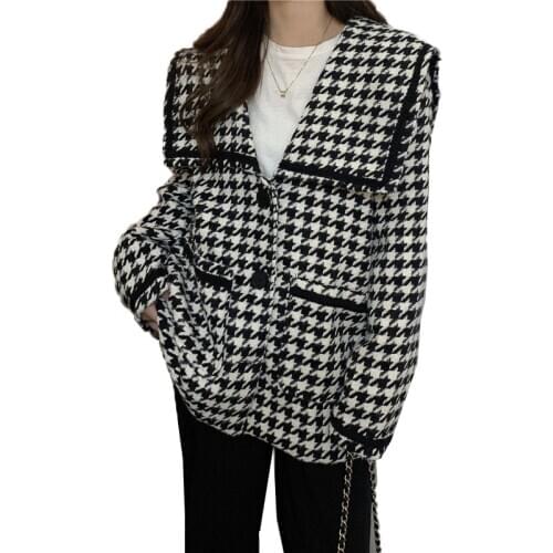 Womens Wool Coat Tartan Jacket Autumn Winter Blended Woolen Coat Fashion Mid-Long Single-breasted Black and White Plaid Jacket