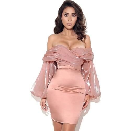 New Summer Women Pink Elegant Off Shoulder Long Sleeve Sexy Lace Mini Hot Celebrity Evening Runway Club Party Dress