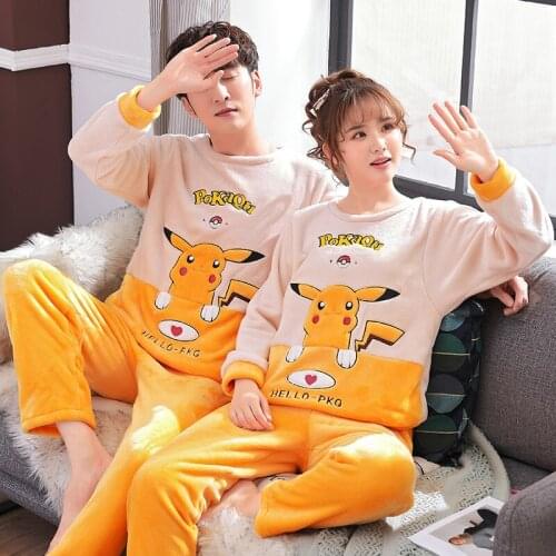 Winter Couple Pajamas Women Coral Cartoon Lovely Cartoon Flannel Housewear Set