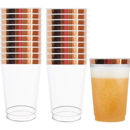 12OZ Rose Gold Rimmed Plastic Cups Fancy Clear Hard Disposable Wedding Tumblers 360ml Gold Party Cups Wine Juice Water Cup set