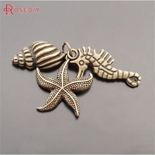 29579)10 Sets Full Height 36MM Antique Bronze Zinc Alloy Ocean Conch Starfish Seahorse Set Charms Jewelry Findings Accessories