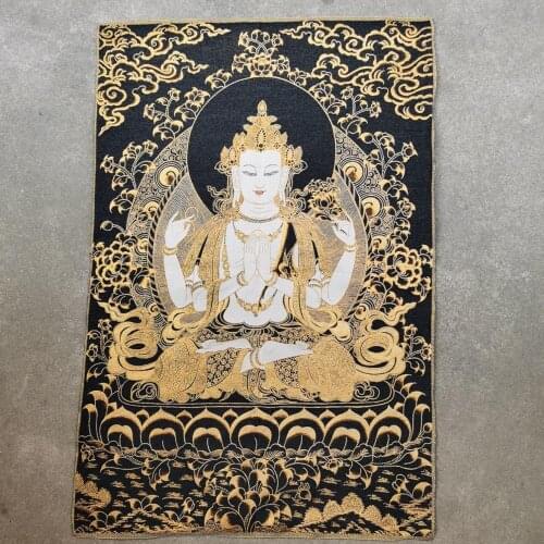35" Thangka embroidery Tibetan Buddhism silk embroidery brocade Nepal Four-armed Guanyin Bodhisattva Thangkas