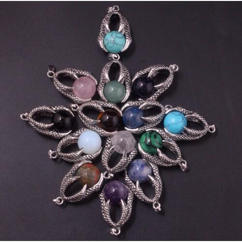 6pcs mix color Dragon Claw Holding Natural Stone Crystal Ball Necklace for Men Eagle Claw Clasping Bead Stone Pendant wholesale