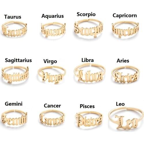 Gold Silver Color 12 Constellation Adjustable Rings For Women Cancer Leo Virgo Libra Letter Ring Zodiac Star Steel Metal Jewelry