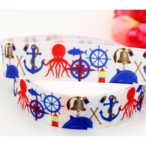 DHK 7/8'' 5yards navy anchor whale printed grosgrain ribbon headwear hair bow diy party decoration OEM 22mm C1212