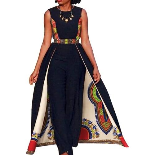 African Design Bazin Elegant Womens Rompers Jumpsuit Sleeveless Rompers Jumpsuit Long Dashiki Pants size M