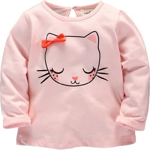 2017 Spring Autumn Girls T-Shirt 100% Cotton Bow Tie Cat Decoration Pink Shirt Girls Full Sleeve T-shirts KF251