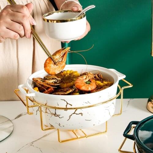 Marble Gold Pattern Nordic Ears Ceramic Pot Household Soup Pot Bowl Tableware Creative Pot Rack with Candle Holder Serving Bowl