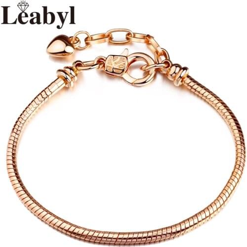 Leabyl Classic Rose Gold Color Lobster Basic Bracelets & Bangles fit Original Charms & Beads 18+4 CM Adjustable Bracelet