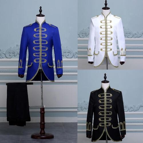 Biamoxer King Prince Renaissance Medieval Men Cosplay Costume Uniform Black White Blue Coat+Pants Full Set