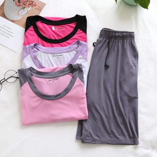 Fdfklak summer Modal Pijama Women Pajama Sets Sleepwear Splicing Homewear Suit Short Sleeve Pijama Top+Pants Pyjama
