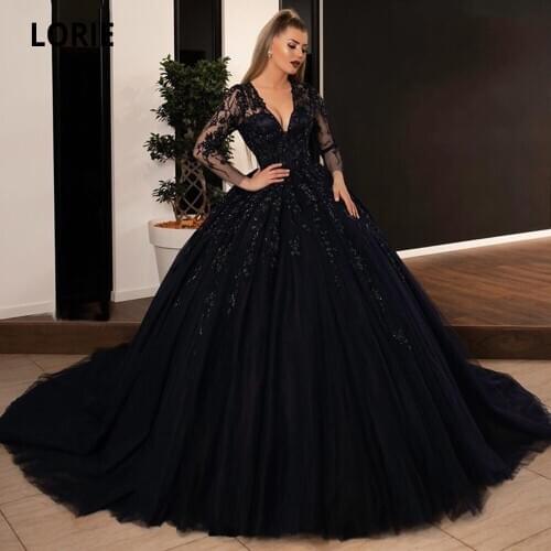 LORIE Ball Gown Black Wedding Dresses Sequin Lace Appliques Bridal Gowns with Long Sleeve Lace-up Princess Party Dress Plus Size