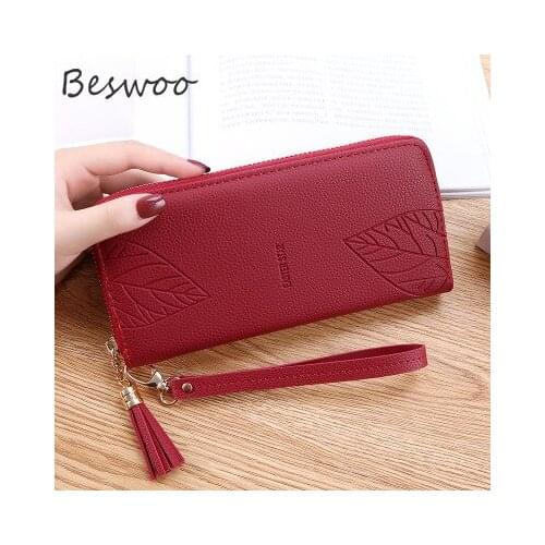 Womens Card Holders Fashion PU Leather Wallet Female Zipper Wristband Leaf Print Long Women Purse Large Capacity Women Wallet