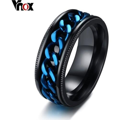 Vnox Mens FIDGET Black Rings with Blue Center Curb Chain Spinner Ring Stainless Steel Relieve Stress Worry Male Accessories