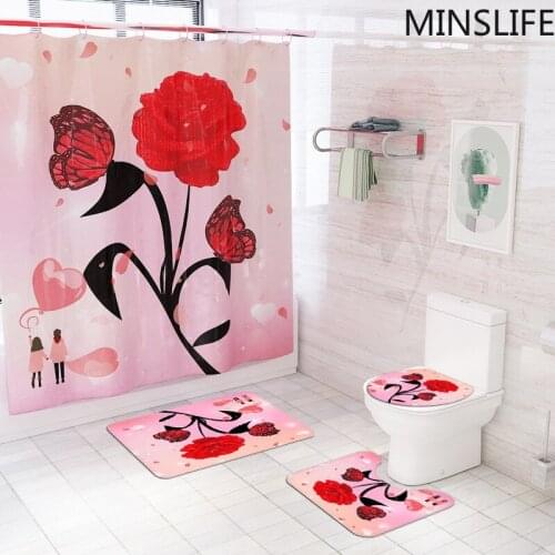 Red Butterfly Rose Shower Curtain Set Bath Mats Rugs Love Lover Toilet Cover Non-Slip Mat Bathroom Curtains Valentines Day