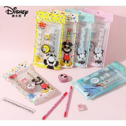 Disney Princess Frozen Elsa Stationery Set Mickey Mouse Pencil Rubber Ruler Tape 5Pcs Minnie Mouse Child Gift Office Supplies