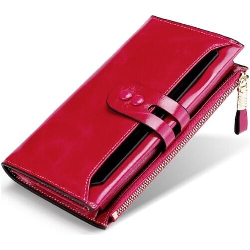 Fashion Red Black Genuine Leather Women Wallet Female Cell Phone Pocket Long Women Purses Hasp GlossyLady Coin Purse Card Holder