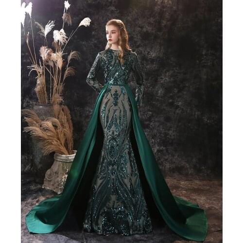 Mermaid Court Dresses Prom Muslim Full Sleeve with Trail Long Evening Gowns Sequined Satin Female Graduation Party Wear
