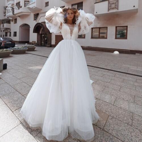 Simple Boho Wedding Dress Tulle Long Puff Sleeves Deep V Neck Bride Dresses Vestido De Noiva Princess Wedding Gowns White Ivory