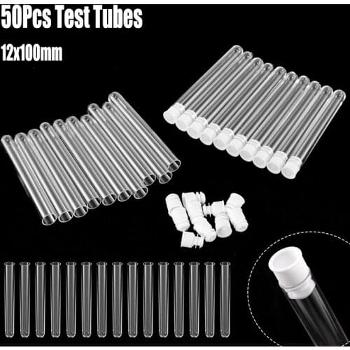 50Pcs/Pack 12x100mm Transparent Laboratory Clear Plastic Test Tubes Vials With Push Caps School Lab Supplies