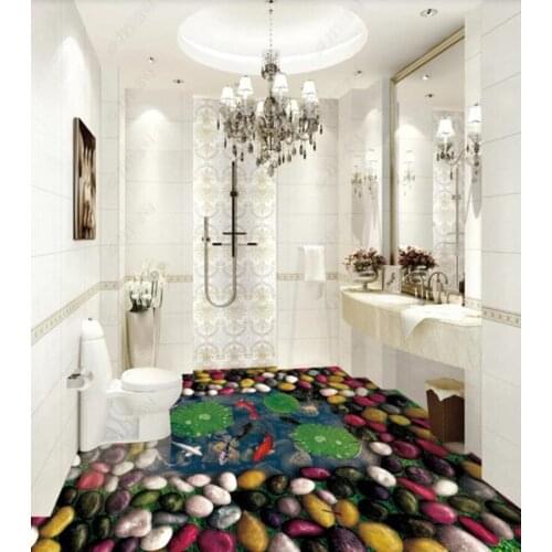 PVC Chinese style pebble lotus koi non-slip waterproof self-adhesive 3D floor sticker tiles bathroom 3D wallpaper