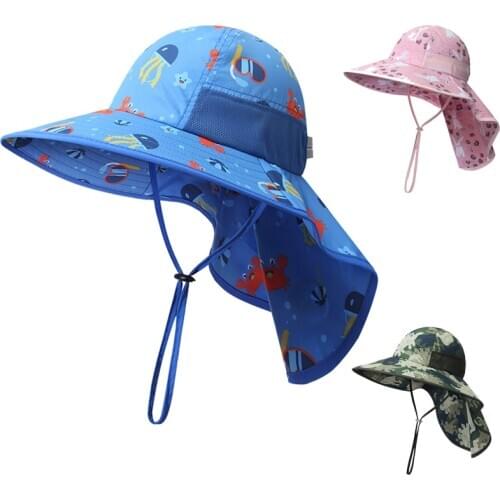 Sun Hat With Neck Flap Kids Boy Girl Summer Beach With String Sunshine Protection Swimming Outdoor Accessory
