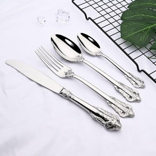 4Pcs Dinnerware Silver Silverware Cutlery Set 304 Stainless Steel Luxury Flatware Home Fork Spoon Knife Kitchen Dinnerware Set