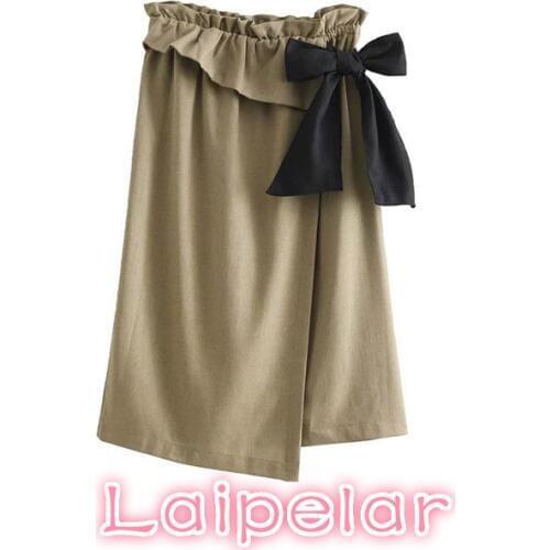Elastic high waist skirts womens elegant ruffle midi skirt bow tie split ladies irregular skirts falda mujer korean streetwear