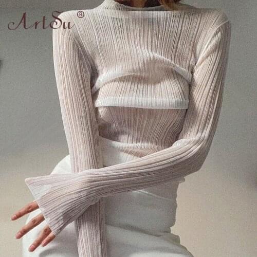 ArtSu Chic Fashion See Through White Long Sleeve Women Tops Autumn 2021 Short Tees Slim T-Shirts Sexy Mesh Top Streetwear