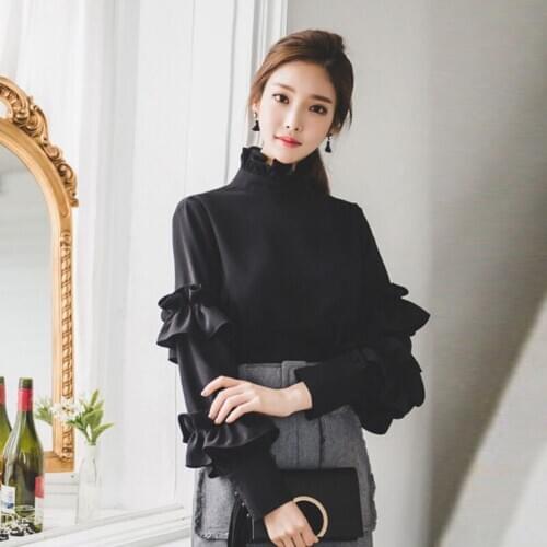Women Summer Black Chiffon Blouse High Street Korean Fashion Woman Shirt Spring Autumn Vintage Long Sleeve Ladies Tops Blouse