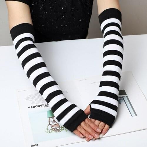 Women Girl Harajuku Elbow Length Fingerless Arm Sleeve Warmer Rainbow Colored Striped Knitted Sunscreen Halloween Costume Gloves