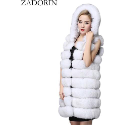 ZADORIN Europe Fashion 2020 Winter Long FAUX Fox Fur Vest Women Coat With Fur Hooded Faux Fur Gilet Sleeveless Jacket Mex S-3XL