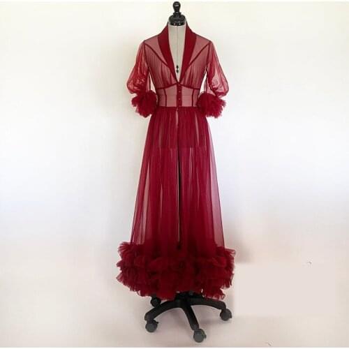 Womens Burgundy Photography Dress Robe Sexy Nightgown Ruffles Sleepwear Lace Tulle Long Bathrobe Pajamas Prom Bridesmaid Shawel