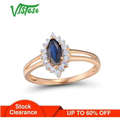 VISTOSO Gold Rings For Women Genuine 14K 585 Rose Gold Ring Sparkling Diamond Oval Blue Sapphire Wedding Band Rings Fine Jewelry