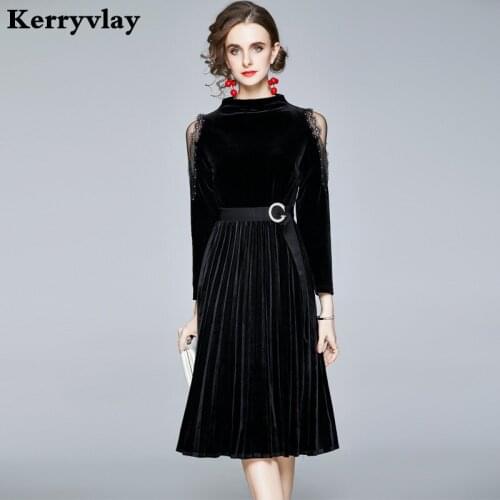 Winter Black Mesh Stitch Off Shoulder Velvet Dress Zomerjurk Dames 2021 Retro Long Sleeve High-Waist Midi Party Dress K8633
