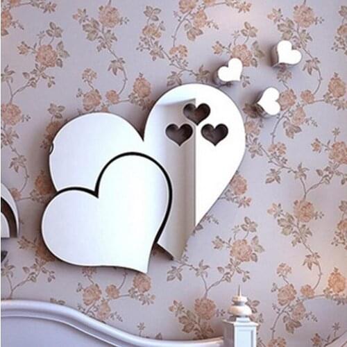 3D Heart Mirror Wall Stickers Kit DIY Piecing Parlor Bedroom Decorative Heart Mirror Surface Reflector Sticker