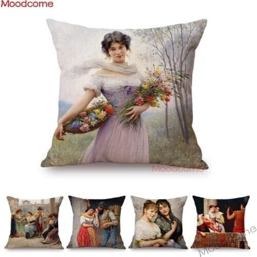 New Classic Italian Painter Eugene Von Blass European Working Woman Fashion Lady Oil Painting Art Pillow Case Sofa Cushion Cover