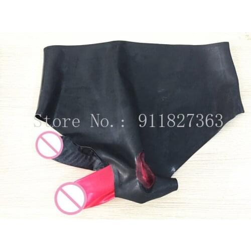 Black Sexy Latex pants with Anatomical anal Condom and Penis Sheath Rubber panties Ball Sheath Underwear Underpants plus size