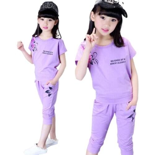 Kids Cothes Sets T Shirt +pant 2pc Childrens Summer New Girls' Short Sleeve Harem Suit Elastic Capris Baby Suits 5-12 Ages