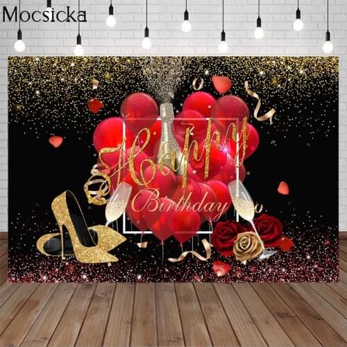 Happy Birthday Backdrop Red Balloon Golden Shiny High Heels Woman Birthday Photography Background Champagne Rose Party Banner
