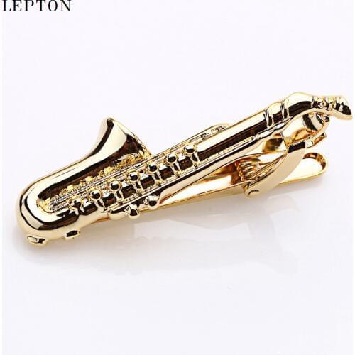 High Quality Gold Color Plated Musical Sax Tie Bar for Mens Suit Clasp Clip Business Wedding Lepton Brand Tie Clips & Cufflinks