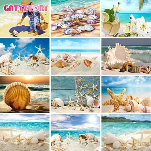 GATYZTORY DIY Frame 60x75cm Oil Painting By Number Kits Beach Shells Scenery Paint By Numbers Handpaint Wall Art Home Decor