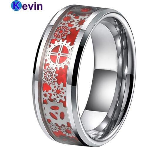 Men Women Wedding Band Tungsten Carbide Ring 8MM With Mechanical Gear Wheel Red Opal Inlay Beveled Edges Comfort Fit
