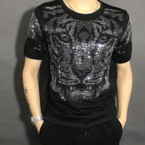 Freeship mens tiger rhinestone beading fanshion bling sweatshirts/show/club/ top/short sleeve