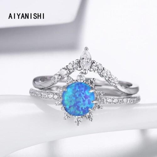 AIYANISHI 925 Sterling Crown Ring Set Classic Wedding Round Blue Opal Ring Sets Silver Jewelry For Women Wedding Christmas Gifts