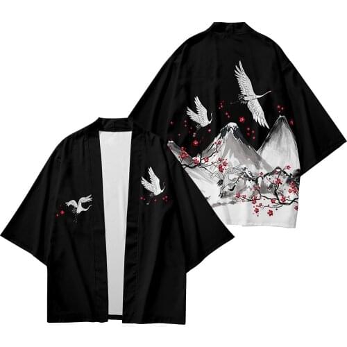 Autumn Cross-border Crane Printing Shirt Three-quarter Sleeve Kimono Cardigan Loose Large Size National Style Mens Jacket
