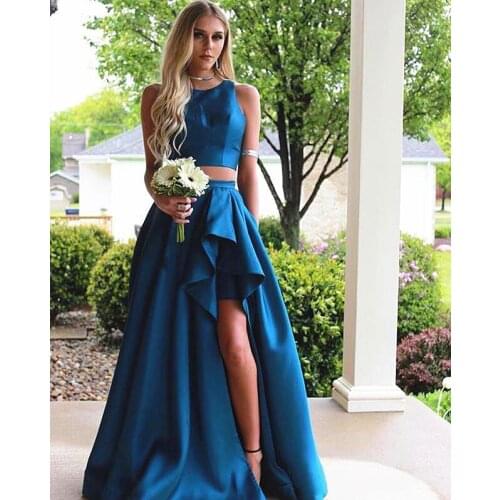 Fashion Two Pieces Evening Dresses Sleeveless Jewel Neck Ruched Split Prom Party Wedding Guest Dresses Satin Maid Of Honor Gowns
